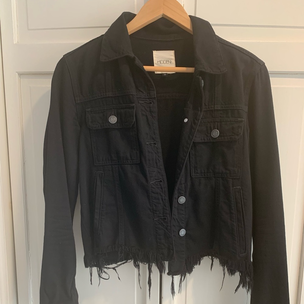 Black cropped frayed denim jacket purchased at Mixology